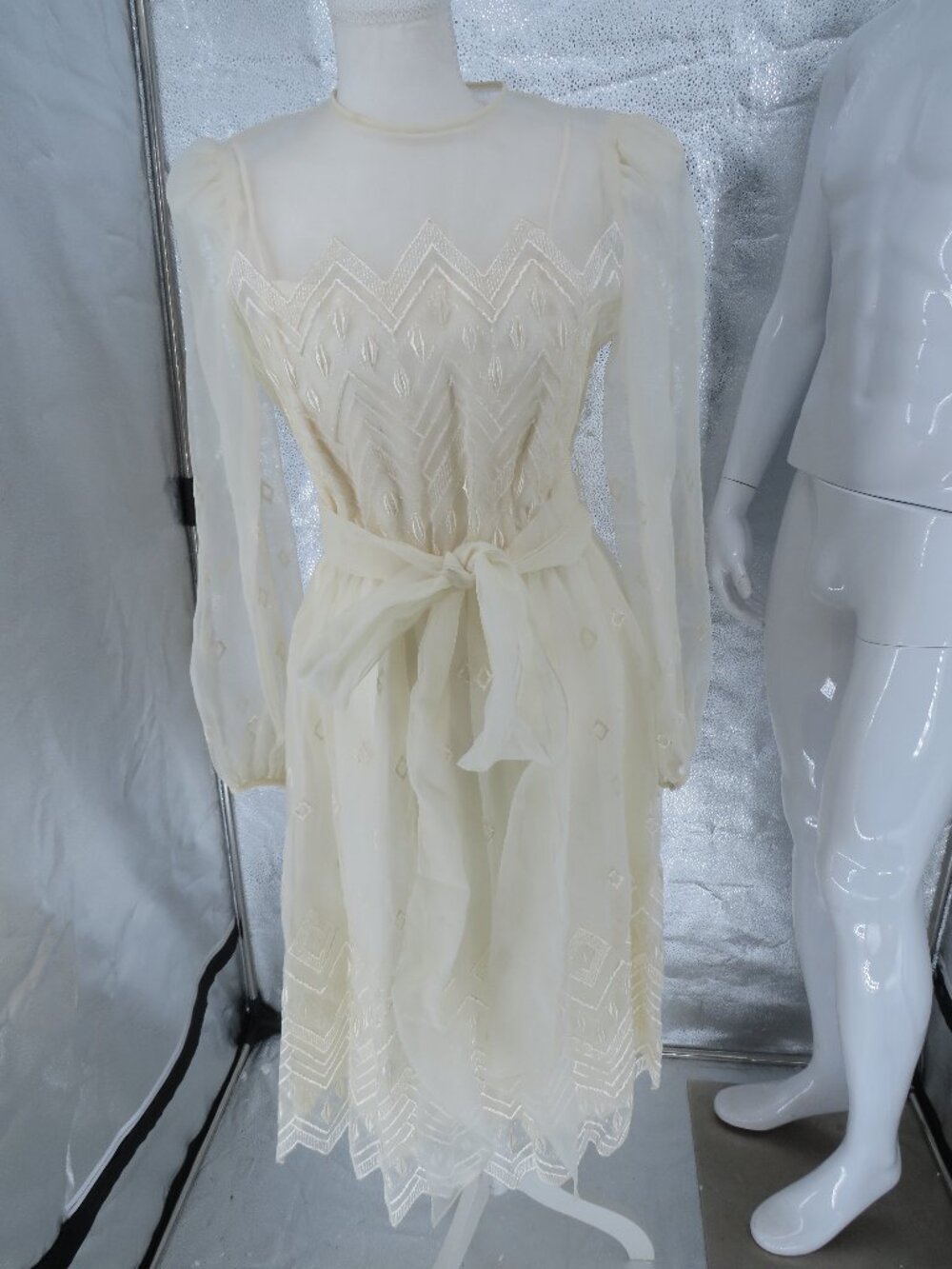 Vintage 70s Ivory Embroidered Chiffon Midi Dress Size sm/md Noel Sophisticates